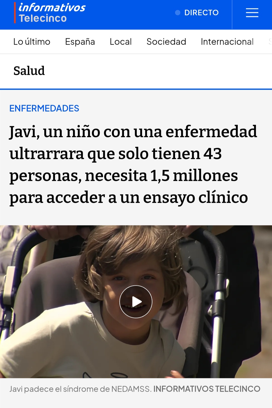Javi, un niño con una enfermedad ultrarrara que solo tienen 43 personas, necesita 1,5 millones para acceder a un ensayo clínico