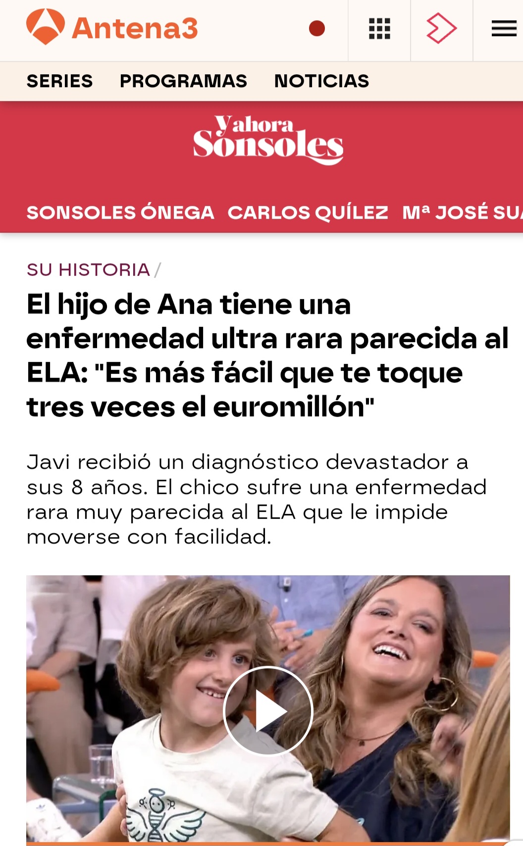 El hijo de Ana tiene una enfermedad ultra rara parecida al ELA: «Es más fácil que te toque tres veces el euromillón»